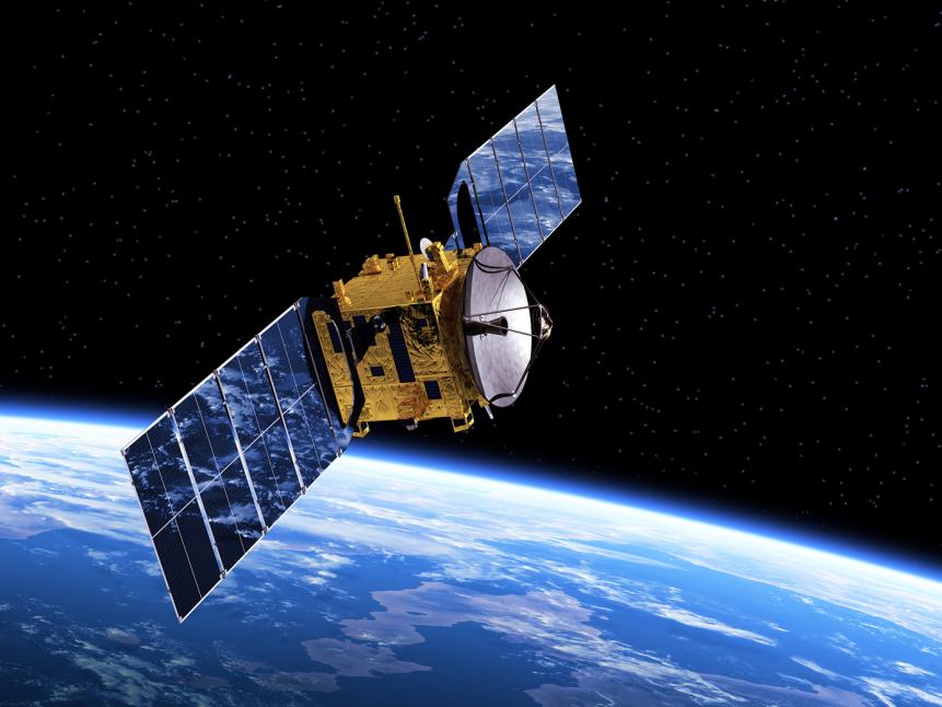 Communication Satellite Orbiting Earth. Realistic 3D Scene.